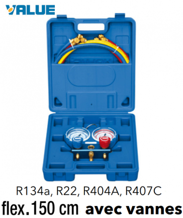 2-weg drukmeterkast met kijkglas en R134A - R404A - R22 - R407C slang - 150 cm