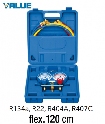 2-weg manometerbox met kijkglas en R134A - R404A - R22 - R407C slang - 120 cm